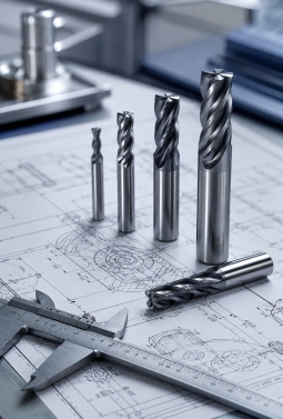 Custom cutting tool design with carbide end mills and engineering drawing